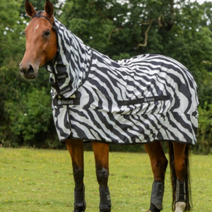 Sweet-itch rug for horses, with a zebra striped pattern to confuse and deter flies